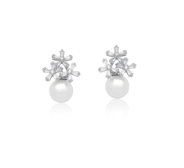 Brinco Trio de Flores de Cristal e Pérola Shell